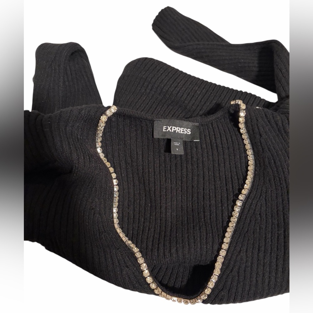 Express Black Ribbed Crystal Encrusted Neckline Puff Shoulder Sweater Women’s Sm - Picture 3 of 10